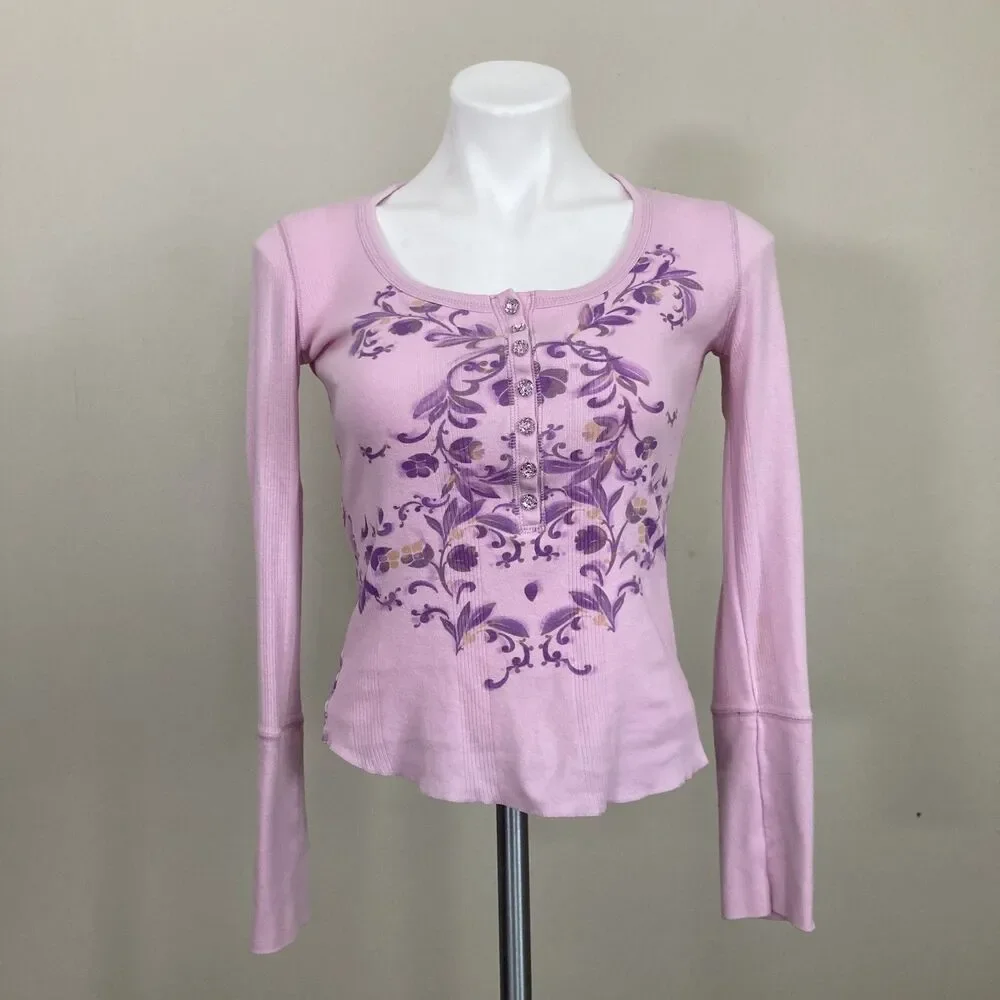 Vintage Fairy 2000s Y2K Henley DNKY Jeans Pink Floral Crystal Buttons Womens S/M - Picture 2 of 8